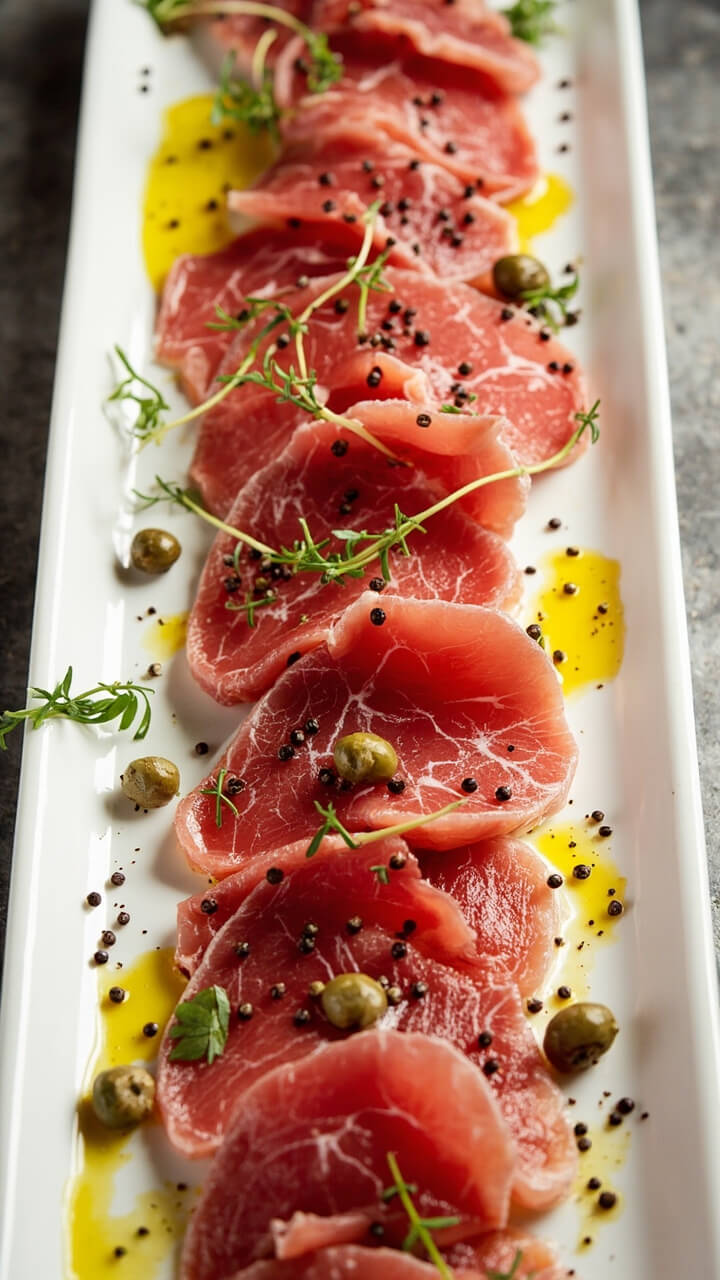 Thin rounds of deep red raw tuna arranged in overlapping circles on a chilled platter, drizzled with olive oil and lemon juice, topped with capers and microgreens, and fresh cracked pepper.