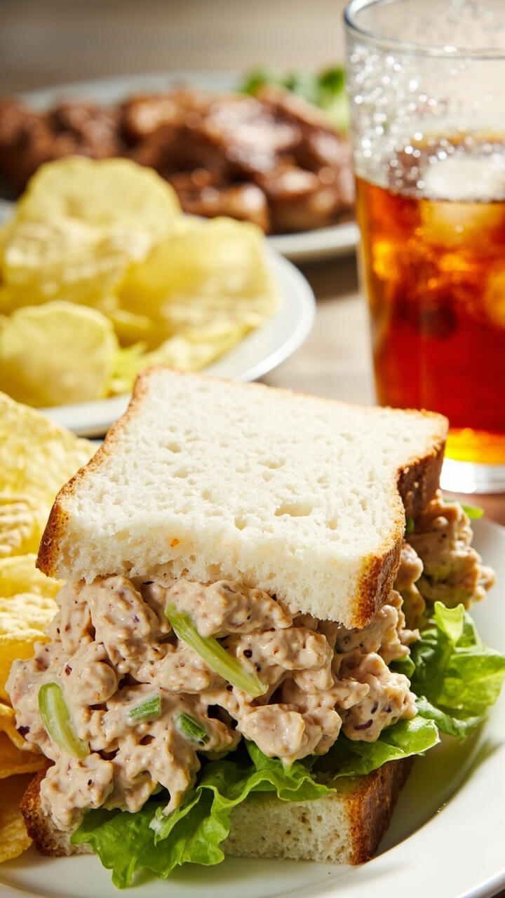 A thick layer of creamy tuna salad tucked between two slices of soft white sandwich bread, bright green lettuce peeking out, served diagonally cut on a simple plate with a few potato chips on the side and a cold glass of iced tea. A thick layer of creamy tuna salad tucked between two slices of soft white sandwich bread, bright green lettuce peeking out, served diagonally cut on a simple plate with a few potato chips on the side and a cold glass of iced tea.