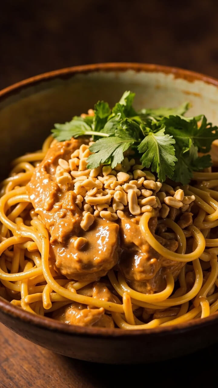 A bowlful of ramen coated in a creamy peanut sauce, piled with strips of chicken and topped with crushed peanuts and fresh cilantro. The noodles look glossy and rich, garnished in a single layer in a neutral pottery bowl. A bowlful of ramen coated in a creamy peanut sauce, piled with strips of chicken and topped with crushed peanuts and fresh cilantro. The noodles look glossy and rich, garnished in a single layer in a neutral pottery bowl.