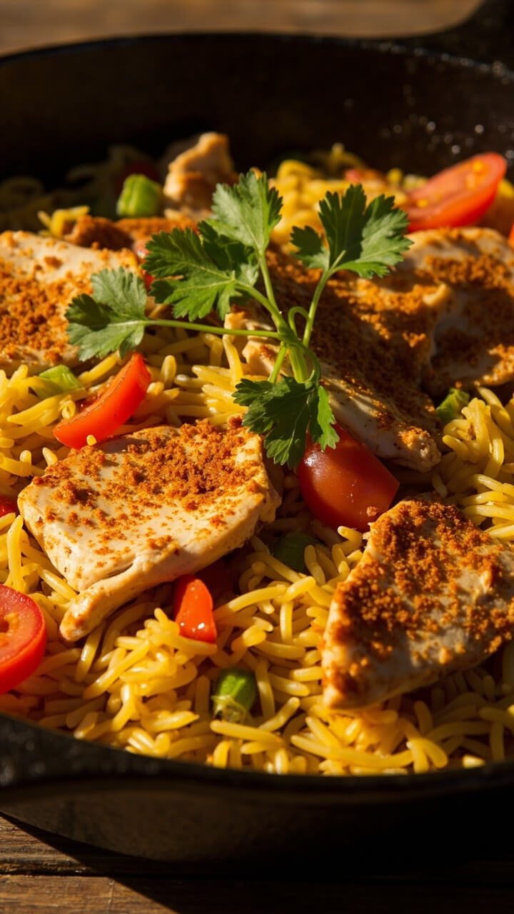 A cast iron skillet brimming with golden yellow rice, sliced chicken breast, strips of red and green bell pepper, chunks of tomato, and a sprinkle of smoked paprika. Fresh cilantro leaves finish the dish.