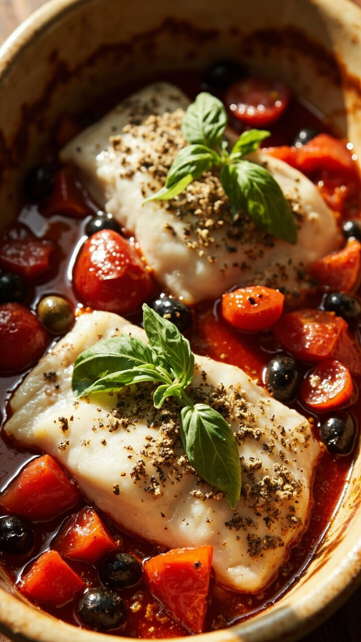 Cod fillets nestled in a shallow ceramic baking dish, surrounded by diced tomatoes, pitted black olives, and capers. The fish is dusted lightly with oregano, with sprigs of fresh basil as a garnish. Some of the tomato juice pools at the bottom, perfect for spooning over the top. Cod fillets nestled in a shallow ceramic baking dish, surrounded by diced tomatoes, pitted black olives, and capers. The fish is dusted lightly with oregano, with sprigs of fresh basil as a garnish. Some of the tomato juice pools at the bottom, perfect for spooning over the top.