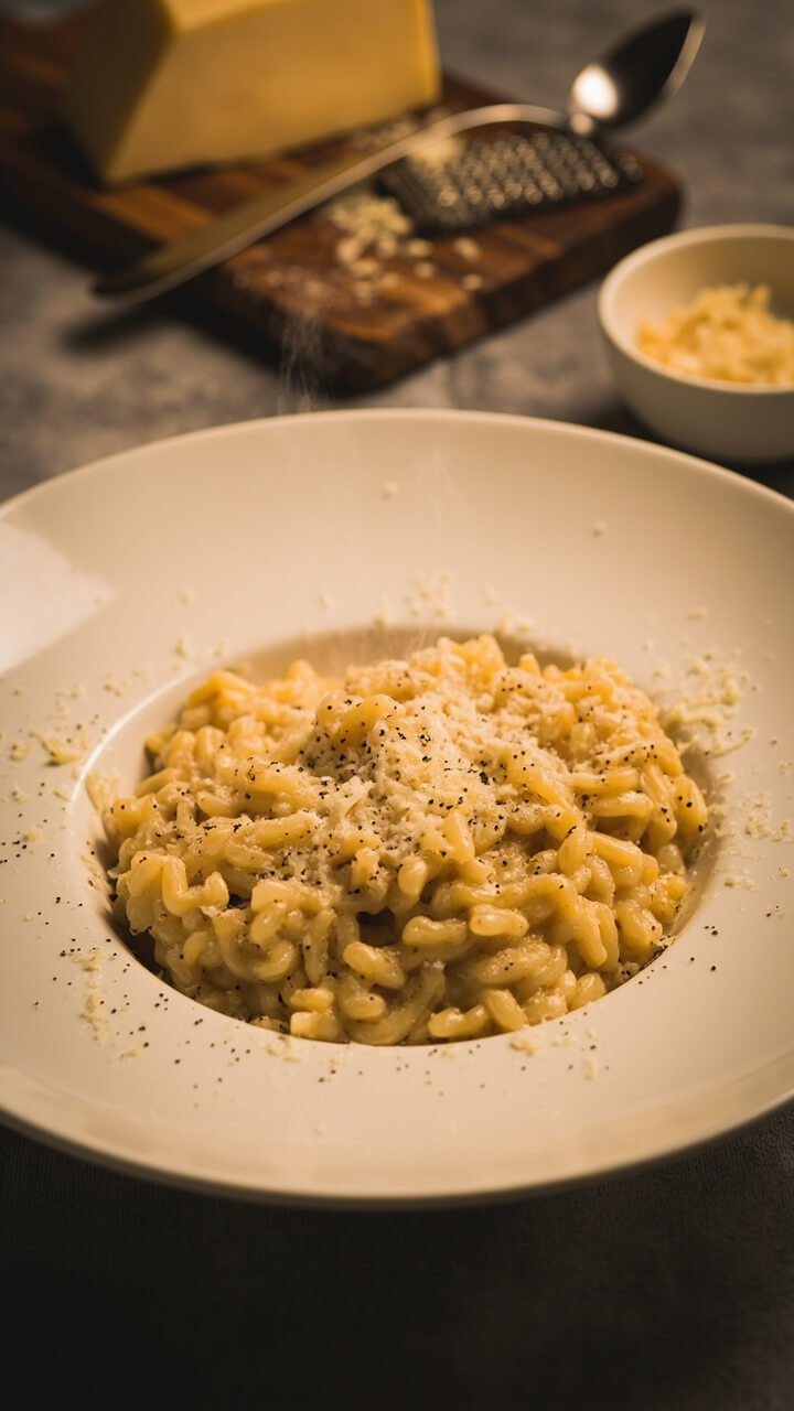 A wide, shallow white bowl filled with glossy, creamy risotto finished with a generous shower of grated parmesan and a pinch of cracked pepper. A soup spoon beside the bowl, with a wedge of parmesan and microplane on a rustic wood board.