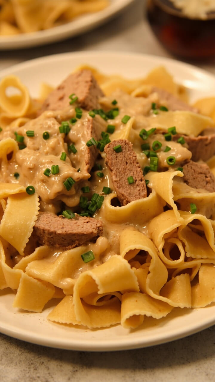 Wide egg noodles on a plate, topped with creamy stroganoff sauce and chunks of sirloin, garnished with finely chopped chives. Wide egg noodles on a plate, topped with creamy stroganoff sauce and chunks of sirloin, garnished with finely chopped chives.