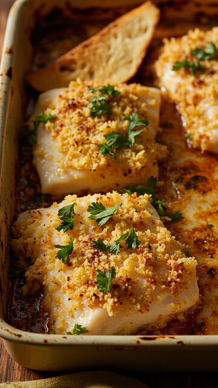 A rectangular baking dish filled with catfish fillets covered in a deeply golden-brown parmesan-breadcrumb crust, garnished with a handful of chopped parsley and served with a wedge of crusty bread on the side. A rectangular baking dish filled with catfish fillets covered in a deeply golden-brown parmesan-breadcrumb crust, garnished with a handful of chopped parsley and served with a wedge of crusty bread on the side.