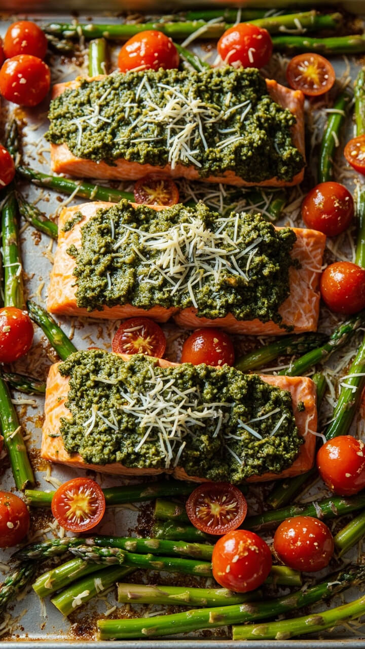 Salmon fillets generously spread with vibrant green pesto, lined up on a baking sheet with halved cherry tomatoes and asparagus spears. Everything is sprinkled with grated parmesan and roasted until bubbly and crisp.