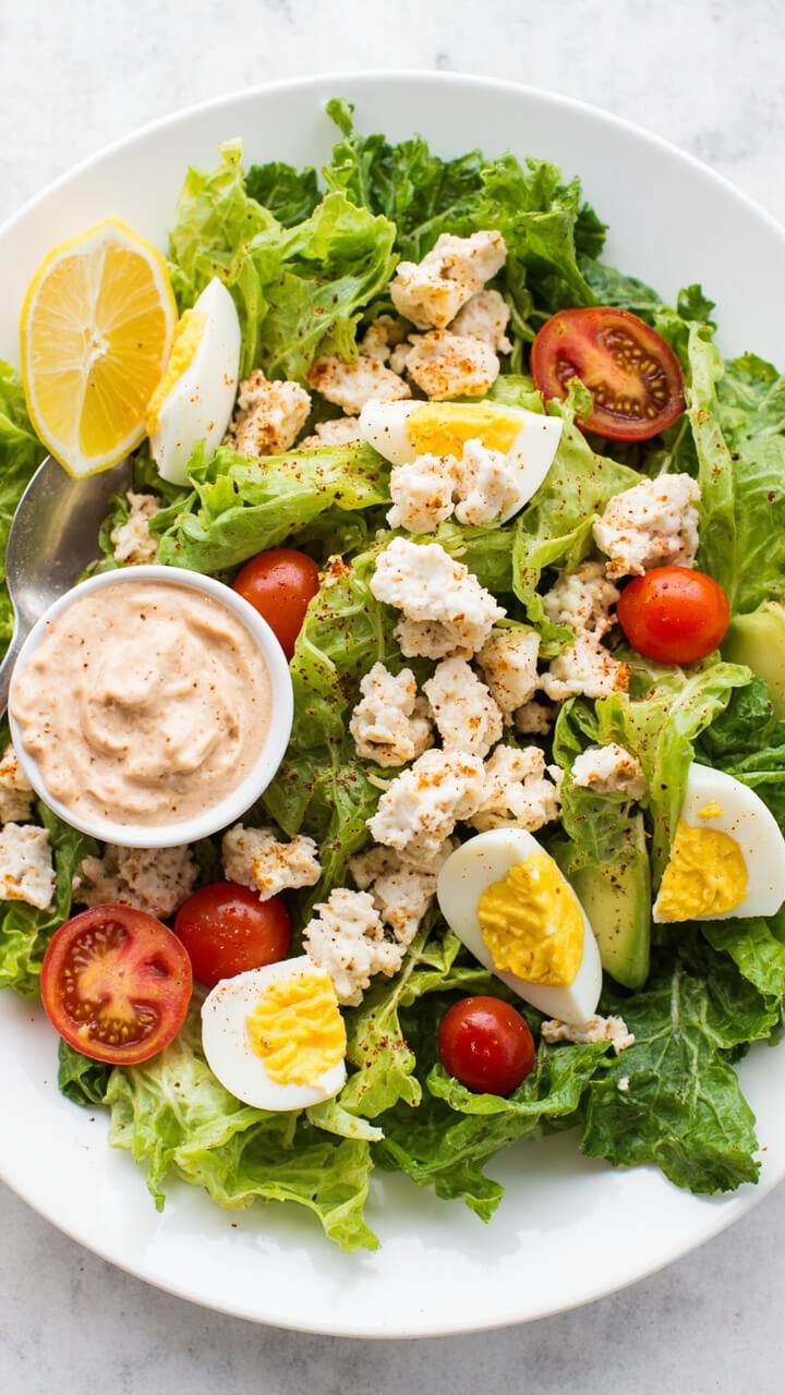 A large plate filled with a bed of green romaine, topped with piles of bright crab meat, hard-boiled egg quarters, tomato wedges, and avocado slices. A small ramekin of rosy Louis dressing sits on the side, with a lemon wedge and dusting of paprika. A large plate filled with a bed of green romaine, topped with piles of bright crab meat, hard-boiled egg quarters, tomato wedges, and avocado slices. A small ramekin of rosy Louis dressing sits on the side, with a lemon wedge and dusting of paprika.