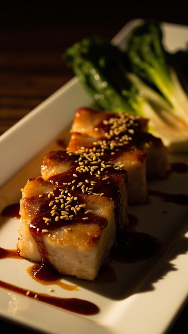 Thick, flaky black cod fillets glazed with deep caramel-colored miso sauce, arranged on a rectangular plate, with a side of steamed bok choy and dots of sesame seeds.