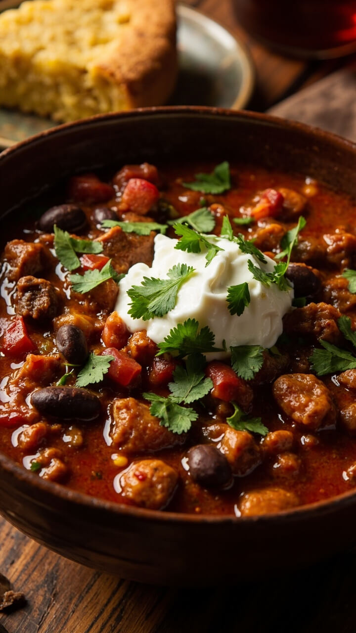 A deep bowl filled with chunky chili, cubes of steak, kidney beans, and tomatoes, topped with a dollop of sour cream and chopped cilantro, a slice of cornbread beside. A deep bowl filled with chunky chili, cubes of steak, kidney beans, and tomatoes, topped with a dollop of sour cream and chopped cilantro, a slice of cornbread beside.