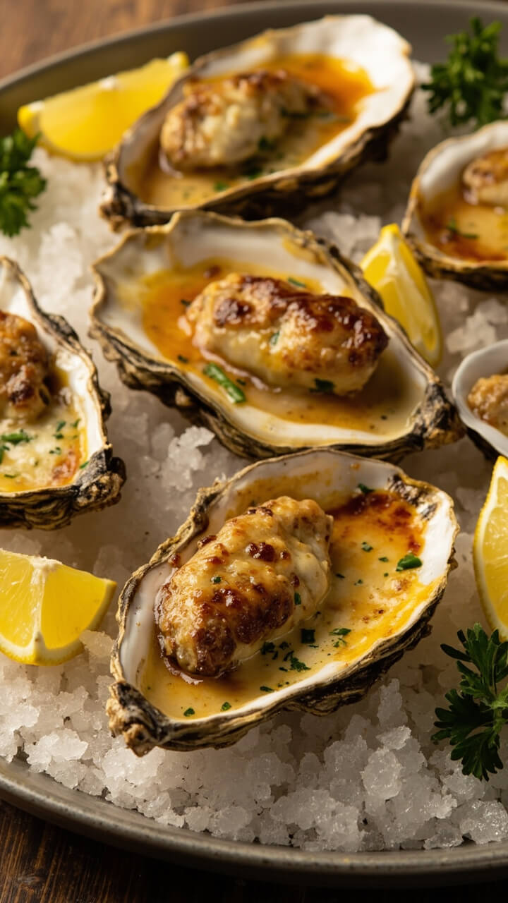 A round baking sheet or platter lined with rock salt, holding open oyster shells filled with plump, golden-roasted oysters and caramelized lemon-garlic butter. Lemon wedges are scattered, and parsley finely chopped as garnish. A round baking sheet or platter lined with rock salt, holding open oyster shells filled with plump, golden-roasted oysters and caramelized lemon-garlic butter. Lemon wedges are scattered, and parsley finely chopped as garnish.