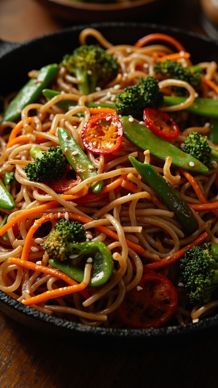 A shallow black skillet packed with tangled ramen noodles, stir-fried carrots, snap peas, and broccoli, all glistening with soy glaze. Sesame seeds and sliced red chili provide color and texture. A shallow black skillet packed with tangled ramen noodles, stir-fried carrots, snap peas, and broccoli, all glistening with soy glaze. Sesame seeds and sliced red chili provide color and texture.