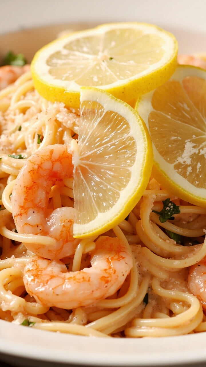 Twirls of linguine tossed with pink shrimp, glossy in a garlic-lemon sauce, flecks of parsley, grated parmesan, and thin lemon slices scattered over a large white ceramic serving bowl.