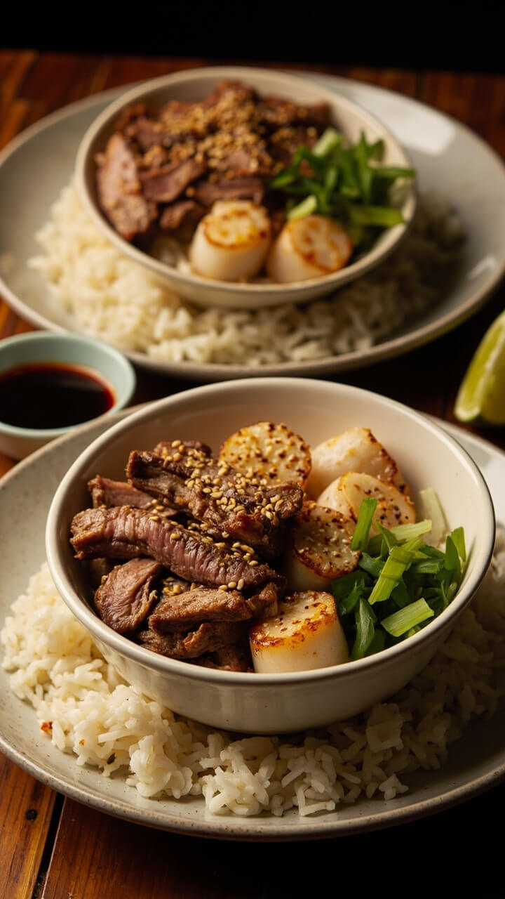 White bowls with strips of marinated steak and seared scallops over a bed of steamed jasmine rice, topped with sesame seeds and sliced scallions. Soy sauce and a wedge of lime sit alongside. White bowls with strips of marinated steak and seared scallops over a bed of steamed jasmine rice, topped with sesame seeds and sliced scallions. Soy sauce and a wedge of lime sit alongside.