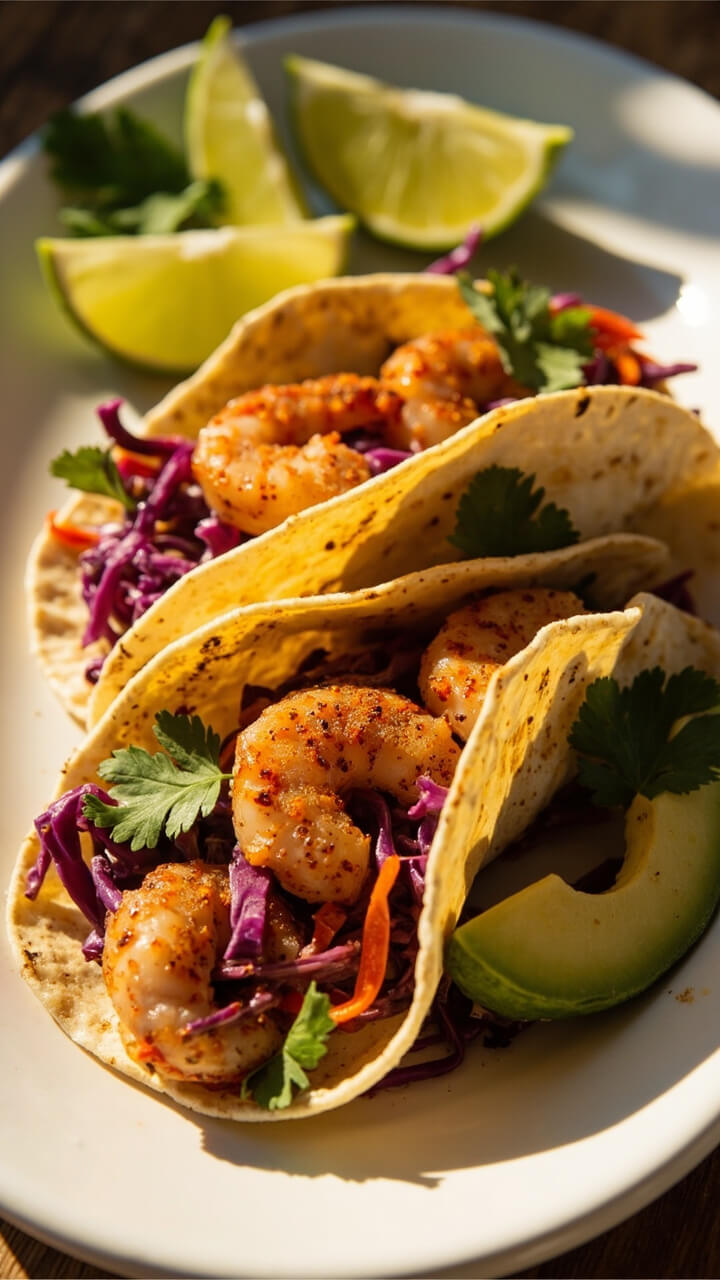 Soft corn tortillas cradling spicy shrimp, purple cabbage slaw, avocado slices, and a scatter of cilantro leaves, lined up on a white oval board with lime wedges.
