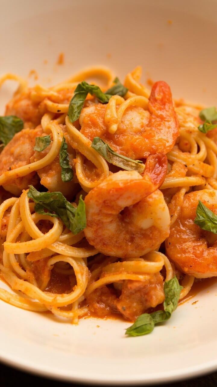 A wide white bowl with ribbons of tagliatelle tossed in blushing pink tomato-cream sauce, with shrimp and scallops nestled throughout. Torn basil decorates the top, and the sauce gleams with a buttery sheen.
