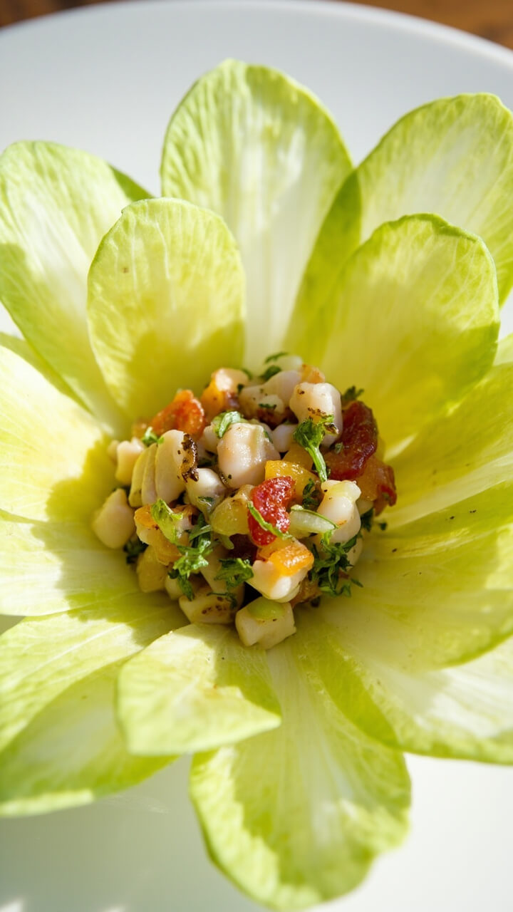 Pale green endive leaves cradle a mound of finely diced scallop tartare mixed with citrus, herbs, and a hint of shallot, all arranged in a sunburst pattern on a round white plate. Pale green endive leaves cradle a mound of finely diced scallop tartare mixed with citrus, herbs, and a hint of shallot, all arranged in a sunburst pattern on a round white plate.