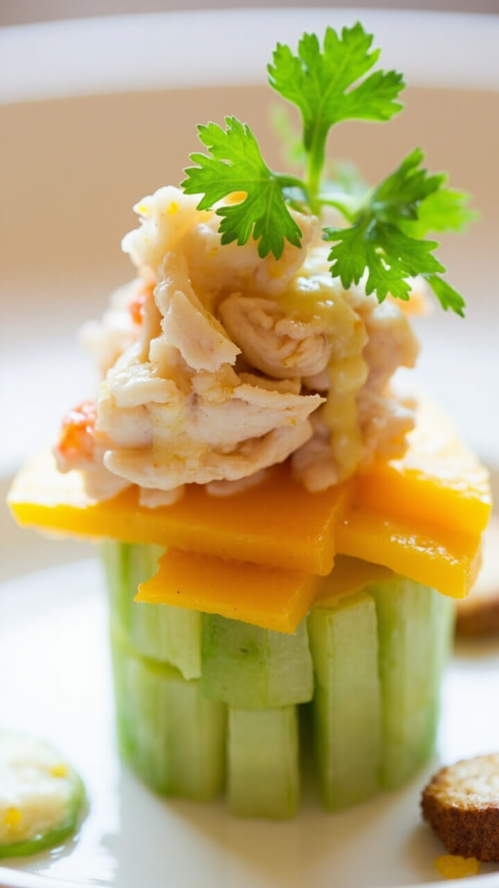 A neat, layered stack on a small white plate: bottom layer of diced cucumber, middle layer of mango, topped with a mound of lump crab meat, drizzled with a chili-lime vinaigrette, and a sprig of cilantro on top. A neat, layered stack on a small white plate: bottom layer of diced cucumber, middle layer of mango, topped with a mound of lump crab meat, drizzled with a chili-lime vinaigrette, and a sprig of cilantro on top.