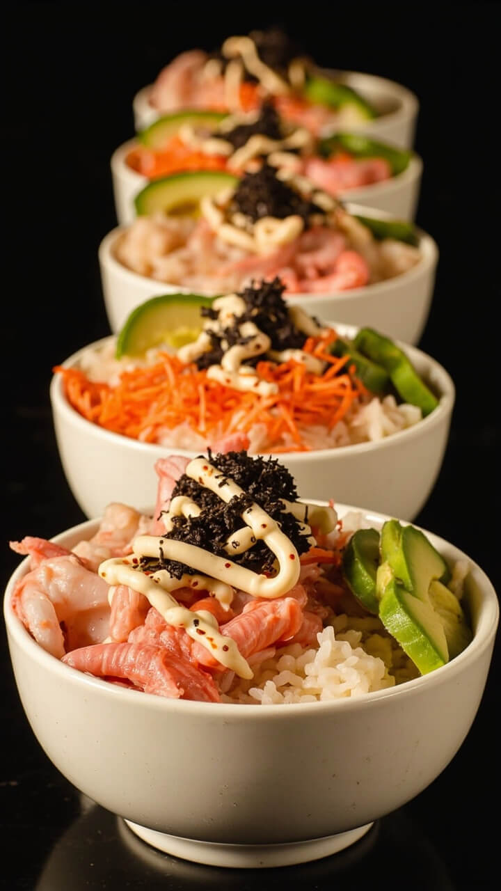 Four ceramic bowls layered with sticky sushi rice, piles of pink langostino, sliced cucumber, shredded carrot, avocado slices, a drizzle of spicy mayo, and crumbled nori on top.