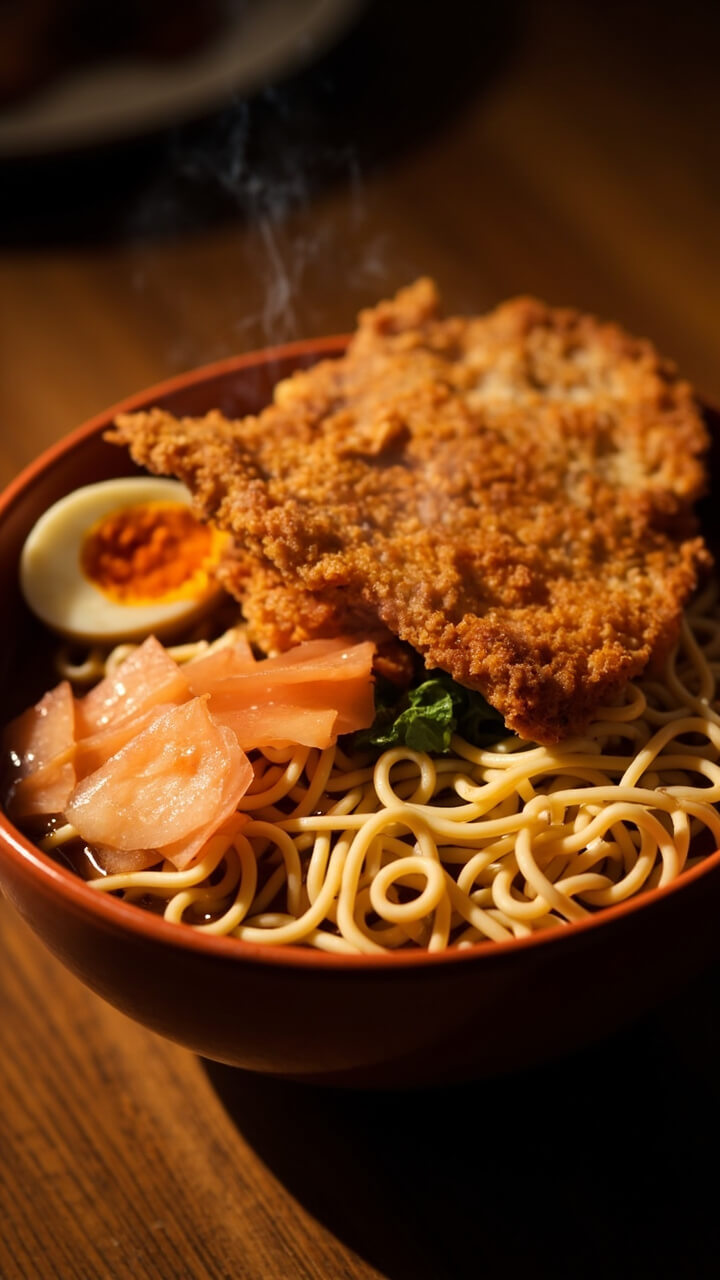 A generous bowl with curly ramen noodles in savory broth, topped with one golden-brown breaded chicken cutlet sliced into strips, a halved boiled egg, and pickled ginger on the side. Everything looks crisp, neat, and inviting. A generous bowl with curly ramen noodles in savory broth, topped with one golden-brown breaded chicken cutlet sliced into strips, a halved boiled egg, and pickled ginger on the side. Everything looks crisp, neat, and inviting.