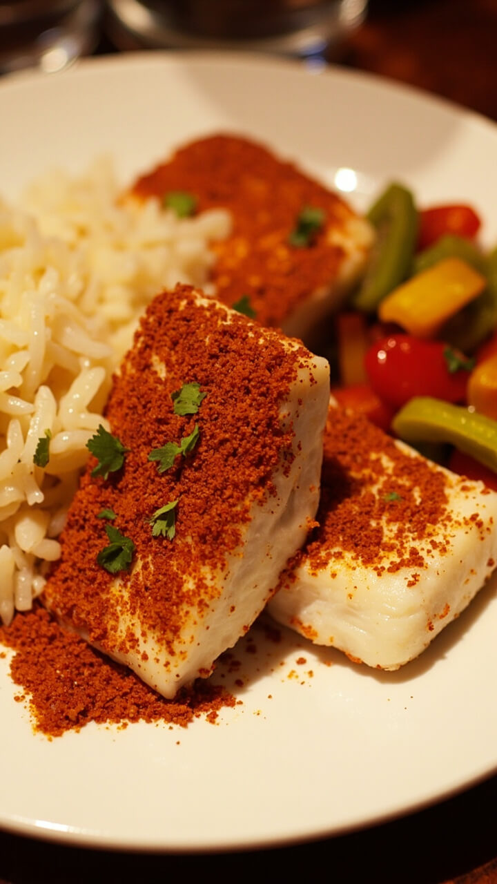 A neutral plate with cod fillets dusted in deep red Cajun spices, flecked with parsley and served alongside a scoop of buttery rice and sautéed bell peppers. A neutral plate with cod fillets dusted in deep red Cajun spices, flecked with parsley and served alongside a scoop of buttery rice and sautéed bell peppers.