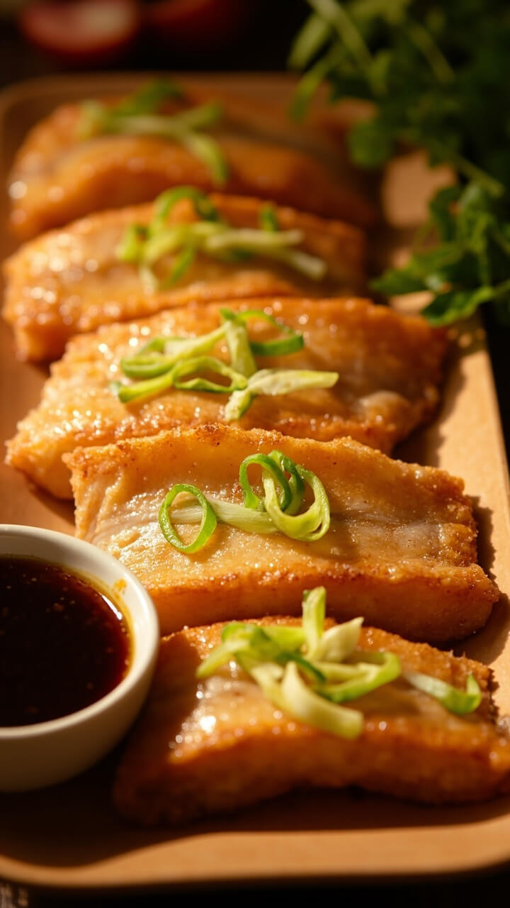 Two rows of golden-brown fish fillets with a thin egg crust, set neatly on a tan rectangular platter. Sliced scallions scattered over the top, with a small dipping dish of soy-vinegar sauce. Two rows of golden-brown fish fillets with a thin egg crust, set neatly on a tan rectangular platter. Sliced scallions scattered over the top, with a small dipping dish of soy-vinegar sauce.