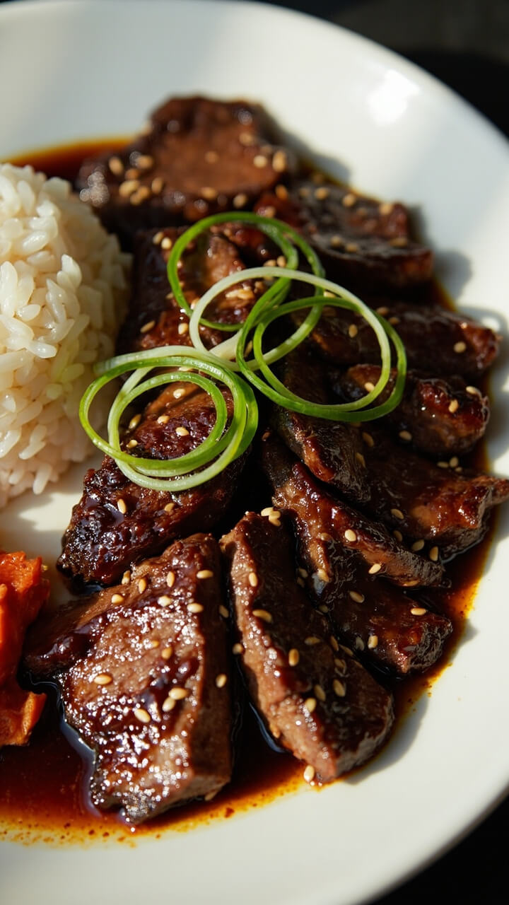 Thinly sliced steak on a round white plate, shiny with a dark, sticky Korean marinade. The plate is dotted with sesame seeds and thin diagonals of green onion. Steamed jasmine rice sits alongside, with a few bright-red pieces of kimchi.