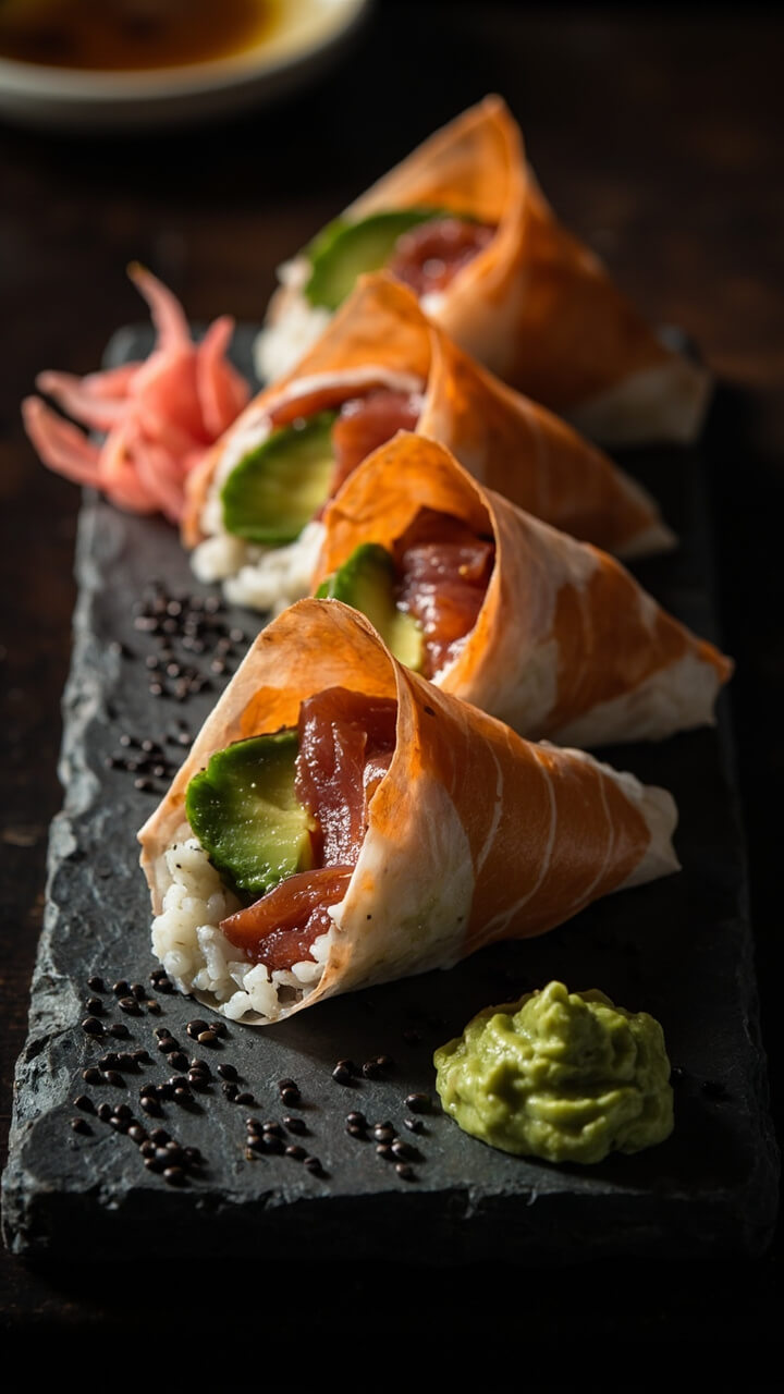 Six cone-shaped rice paper hand rolls filled with sticky rice, avocado, cucumber, and slices of raw salmon, presented on a rectangular slate platter. Black sesame seeds and vibrant wasabi paste dot the plate, with pickled ginger on the side.