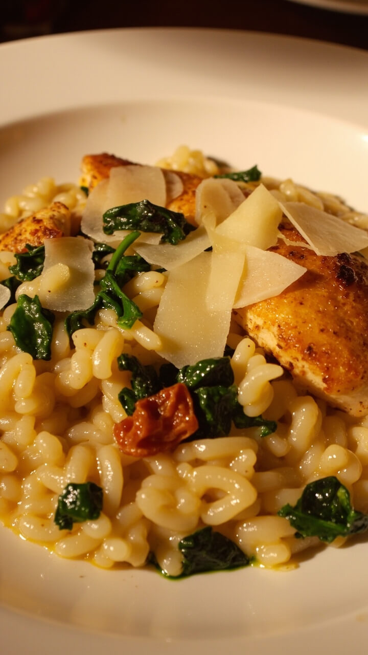 A creamy risotto-style rice with wilted spinach, golden seared chicken breast pieces, flecks of sun-dried tomato, and shavings of Parmesan, served in a shallow pasta bowl.