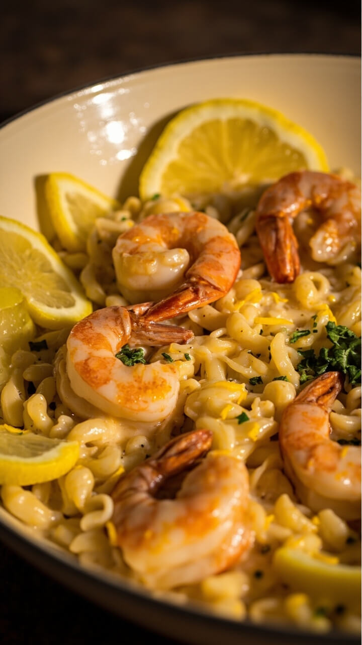 Creamy orzo pasta in a shallow pan topped with shrimp, flecked with lemon zest and chopped parsley, and slices of lemon arranged along the rim. Creamy orzo pasta in a shallow pan topped with shrimp, flecked with lemon zest and chopped parsley, and slices of lemon arranged along the rim.