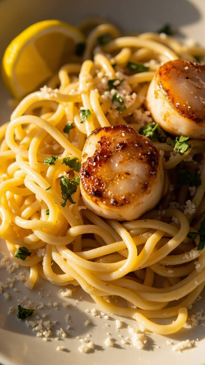 Al dente linguine spun on a plate, topped with plump scallops and fresh parsley, flecks of minced garlic visible in the glossy white wine sauce, with a wedge of lemon and a dusting of parmesan.