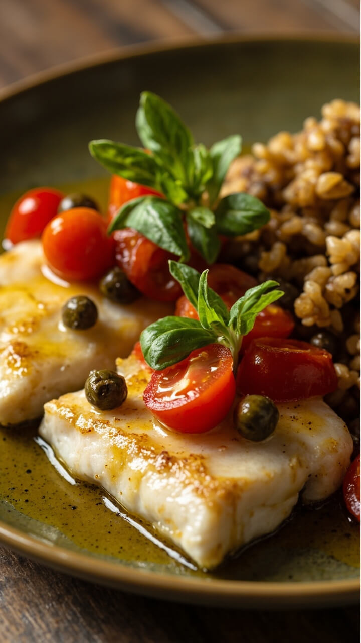 Baked catfish fillets with cherry tomatoes and capers scattered over the top, drizzled with olive oil, garnished with a sprig of basil, and served with farro salad on an olive-green plate. Baked catfish fillets with cherry tomatoes and capers scattered over the top, drizzled with olive oil, garnished with a sprig of basil, and served with farro salad on an olive-green plate.