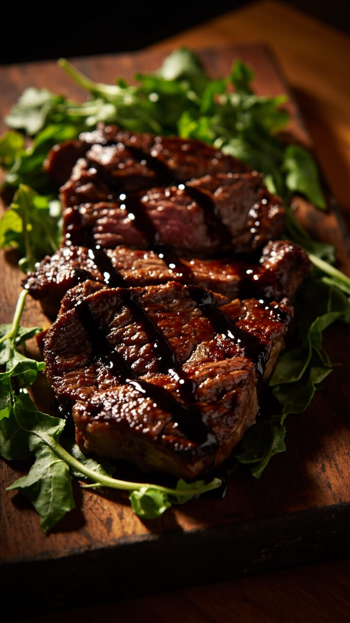 Thick slices of skirt steak glistening with a deep, caramelized crust, arranged on a platter with a drizzle of balsamic reduction and a scattering of arugula leaves. Thick slices of skirt steak glistening with a deep, caramelized crust, arranged on a platter with a drizzle of balsamic reduction and a scattering of arugula leaves.