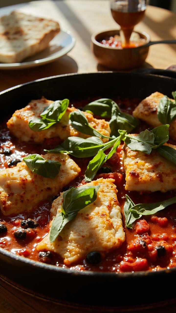 Cod fillets nestled in a skillet of chunky tomato sauce, flecked with black olives and capers. Sprigs of fresh basil garnish the top, and a side plate holds warm baguette slices for dipping into the sauce.