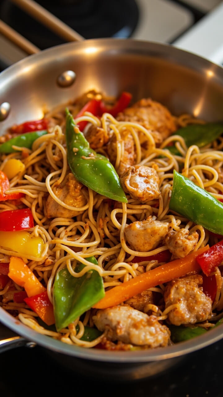 A high-sided skillet with ramen noodles tossed among brightly colored stir-fried bell peppers, snap peas, sliced chicken, and a glossy soy glaze. Chopsticks rest on the pan’s edge, veggies just-tender and vibrant. A high-sided skillet with ramen noodles tossed among brightly colored stir-fried bell peppers, snap peas, sliced chicken, and a glossy soy glaze. Chopsticks rest on the pan’s edge, veggies just-tender and vibrant.