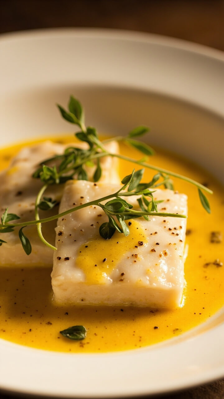 Sautéed cod fillets on a shallow serving bowl, surrounded by a white wine and herb pan sauce. Fresh thyme and tarragon leaves scatter over the top, and a gentle pour of sauce glistens around the fish.