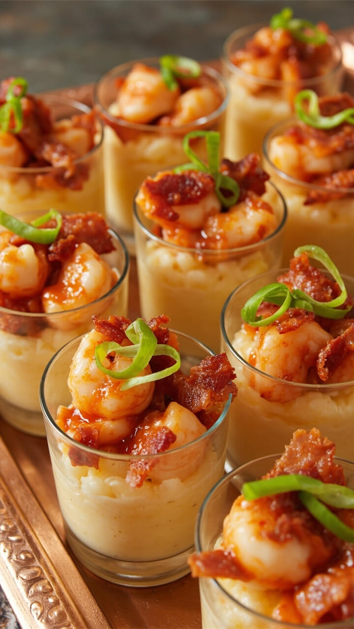 Mini clear cups layered with creamy white cheddar grits and topped with saucy shrimp, bits of crispy bacon, and fresh green onion slices, lined up neatly on a festive tray.