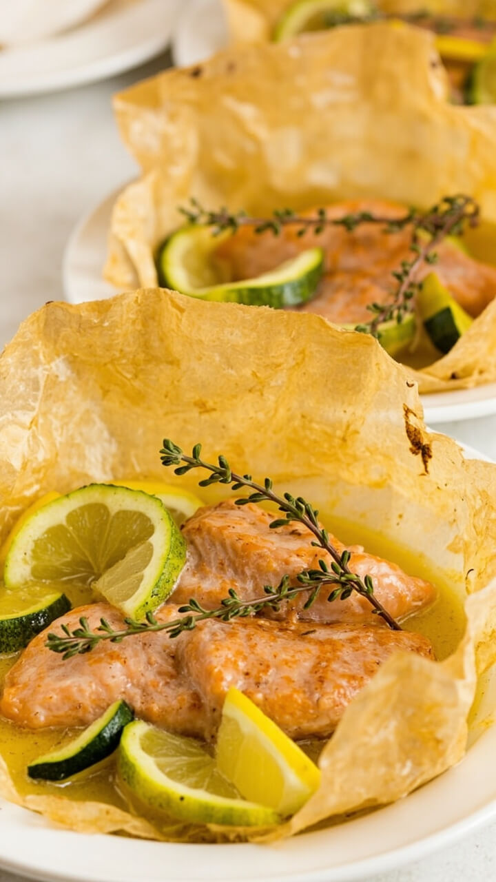 Parchment packets opened to reveal salmon fillets in a pool of melted garlic butter, with lemon wedges and ribbons of zucchini alongside. Each packet sits on individual plates with a sprig of thyme. Parchment packets opened to reveal salmon fillets in a pool of melted garlic butter, with lemon wedges and ribbons of zucchini alongside. Each packet sits on individual plates with a sprig of thyme.