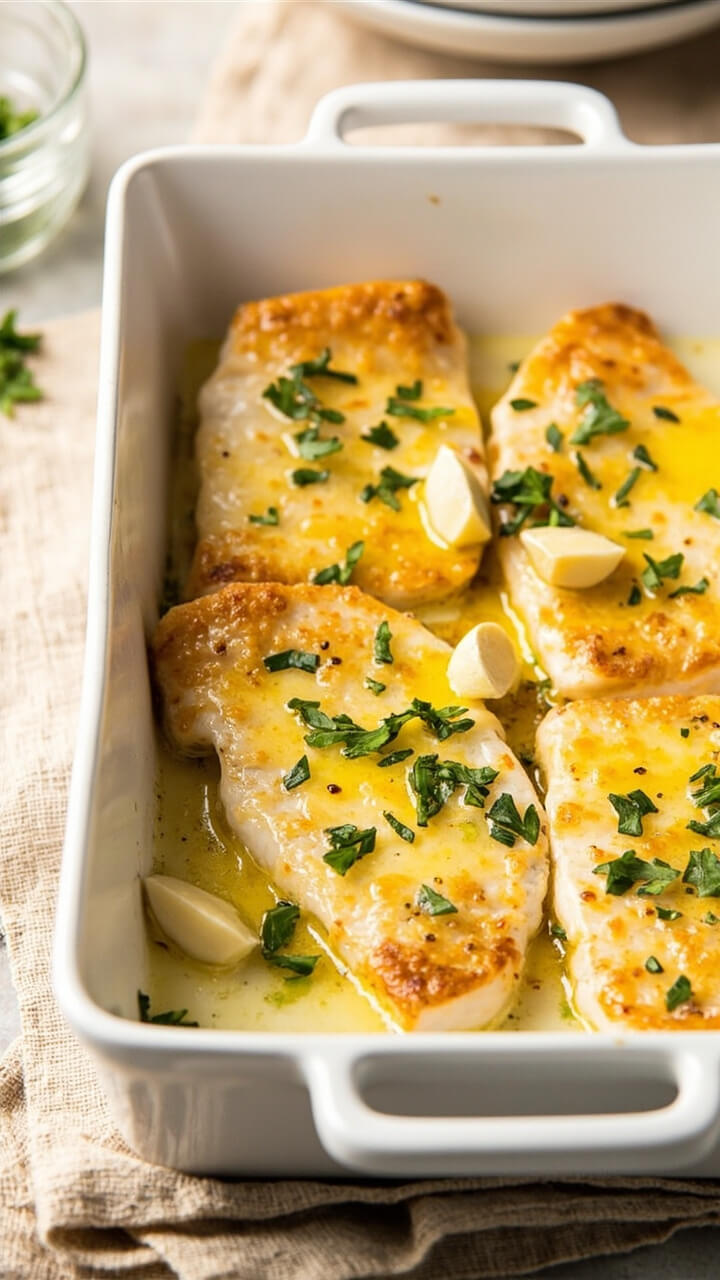 Catfish fillets drizzled with melted garlic butter, slightly browned at the edges, served in a white ceramic baking dish with fresh parsley and garlic cloves for garnish, set on a beige linen cloth. Catfish fillets drizzled with melted garlic butter, slightly browned at the edges, served in a white ceramic baking dish with fresh parsley and garlic cloves for garnish, set on a beige linen cloth.