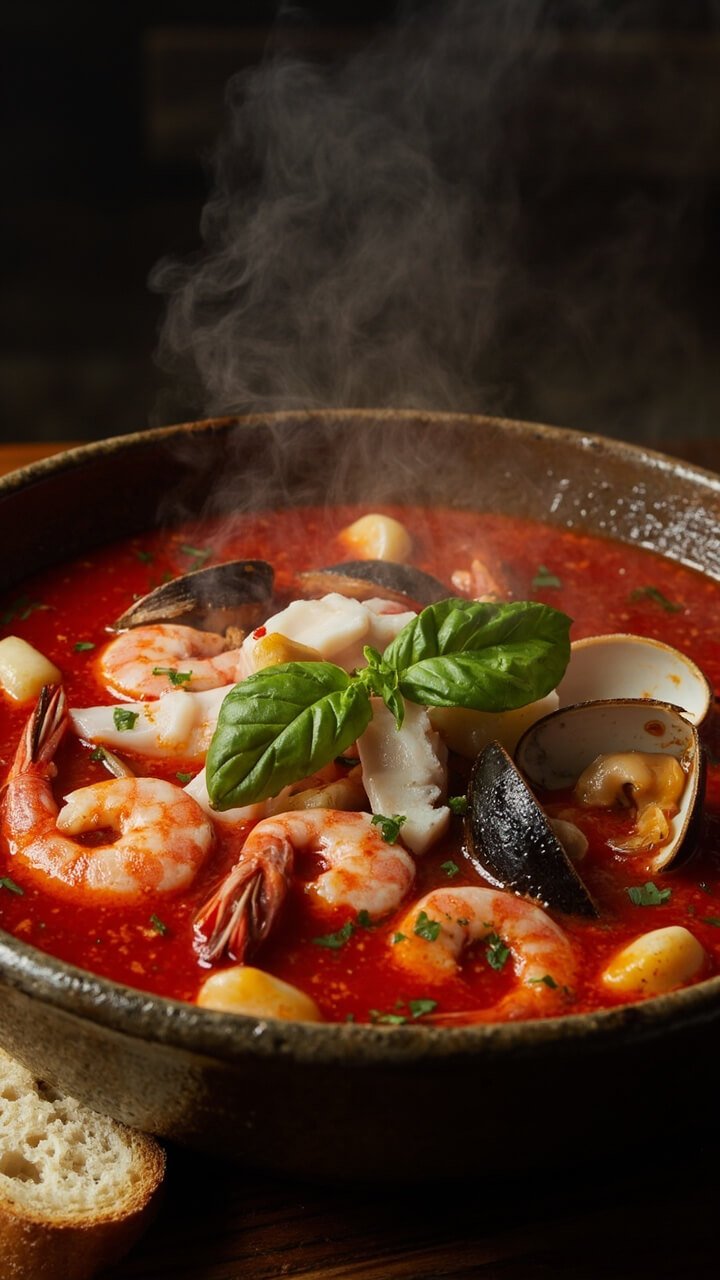 A steaming bowl of red tomato broth brimming with shrimp, clams, mussels, and chunks of white fish, garnished with fresh basil, served with a rustic slice of toasted sourdough on the side.