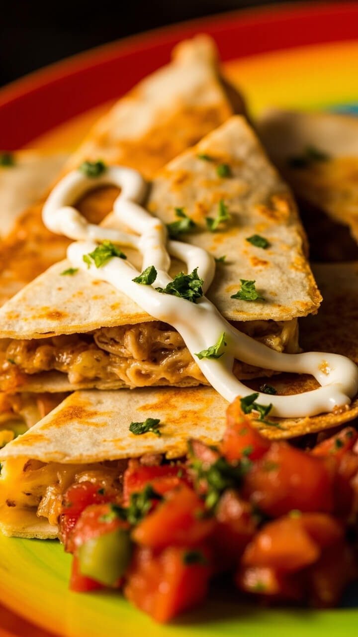 Golden brown quesadilla wedges filled with melted cheese and tuna, stacked on a bright plate with a scoop of salsa and a drizzle of sour cream, finished with chopped cilantro.