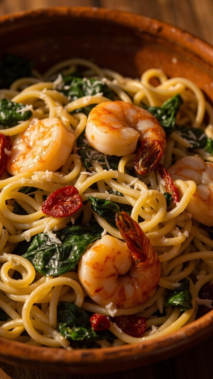 Pasta swirled with a creamy golden sauce, scattered with wilted spinach, sundried tomato strips, plump shrimp, and chunks of seared scallop. Freshly grated Parmesan dusted on top, set in a rustic pasta bowl.
