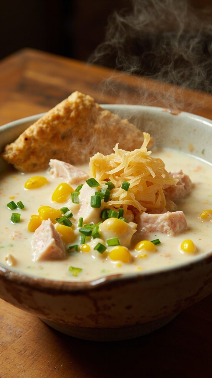 A creamy white chowder speckled with yellow corn and chunks of crab, served in a wide ceramic bowl. Chopped chives and crunchy oyster crackers are scattered on top.