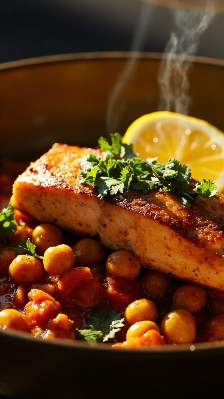 Seared salmon fillet resting on a bed of chunky tomato-chickpea stew spiced with paprika and cumin, garnished with chopped cilantro and a lemon wedge, served in a simple bowl. Seared salmon fillet resting on a bed of chunky tomato-chickpea stew spiced with paprika and cumin, garnished with chopped cilantro and a lemon wedge, served in a simple bowl.