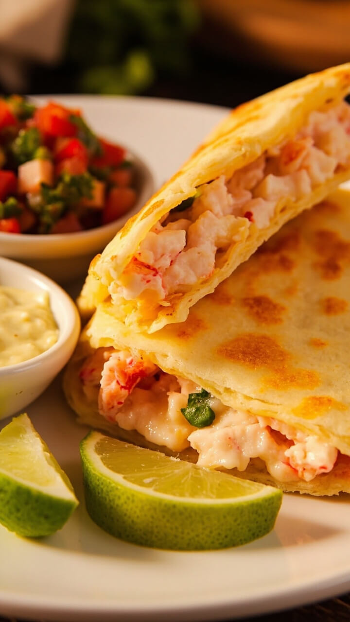 Triangle wedges of golden-brown quesadillas stuffed with lobster and melted cheese, stacked on a round plate, with fresh salsa and lime wedges for dipping. Triangle wedges of golden-brown quesadillas stuffed with lobster and melted cheese, stacked on a round plate, with fresh salsa and lime wedges for dipping.