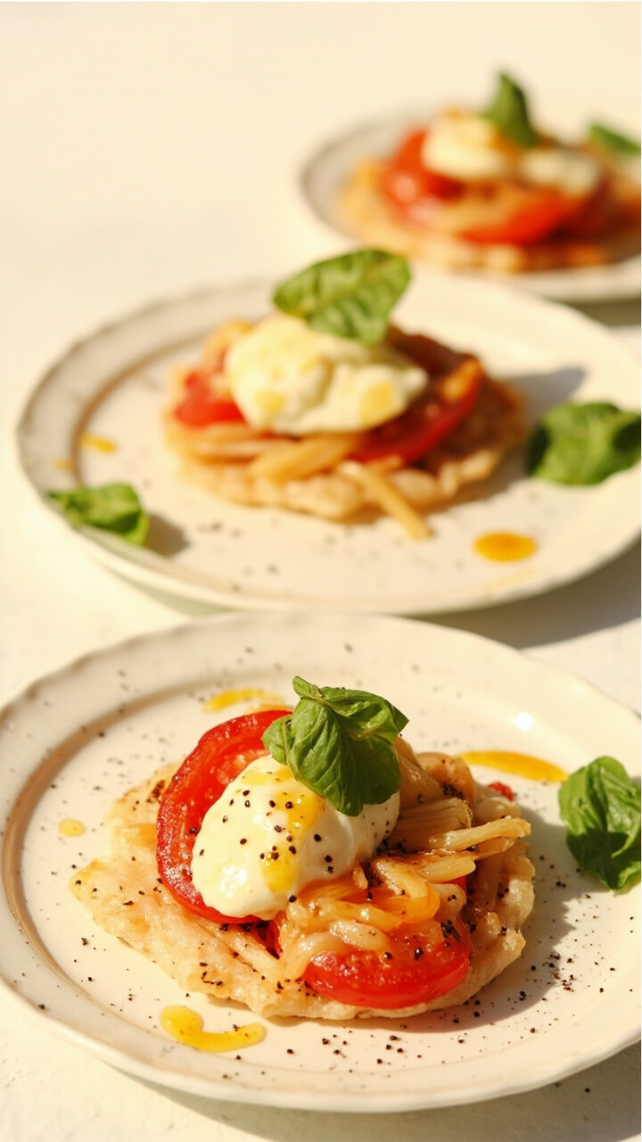Three round, slightly crisped rice paper bases topped with bubbling mozzarella, cherry tomato halves, and fresh basil leaves. Each sits on a small white plate, with a drizzle of olive oil and sprinkle of black pepper visible.