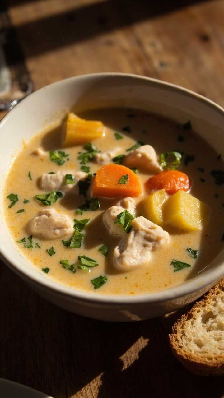 A white ceramic bowl filled with creamy cod chowder loaded with chunks of flaky cod, potatoes, carrots, and scattered green herbs, a slice of buttered rye bread on the side.