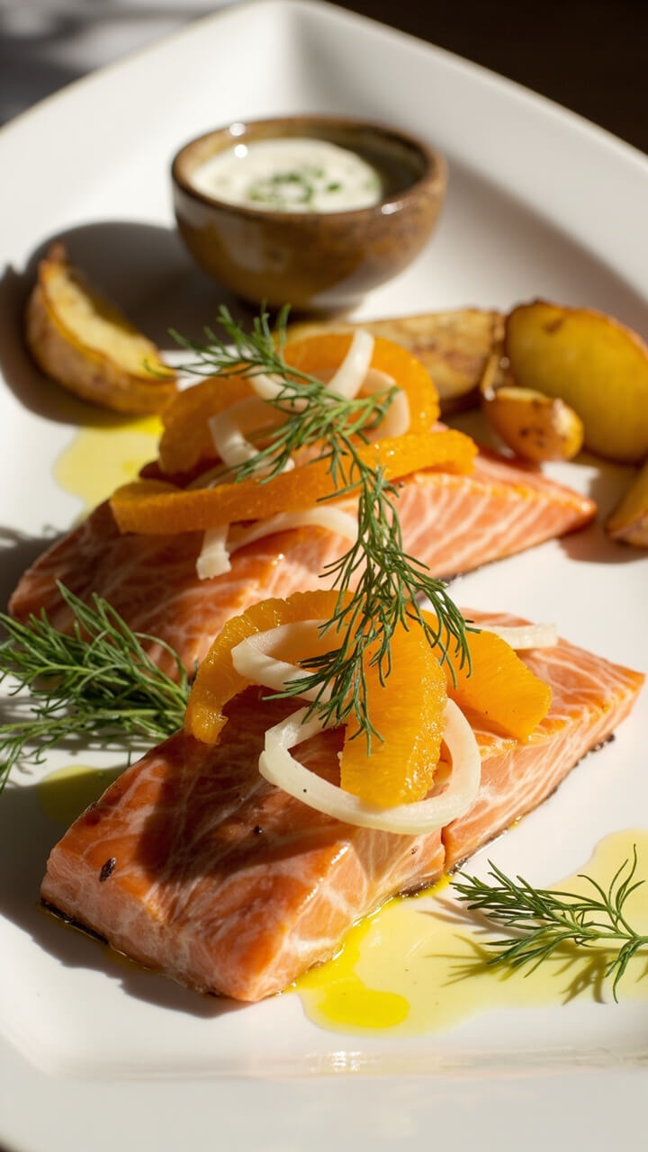 Thick salmon fillets on a white ceramic platter, topped with thinly sliced oranges and fennel, fresh dill scattered on top, all glistening with a light olive oil sheen. Roasted potato wedges and a small bowl of herb-yogurt sauce on the side. Thick salmon fillets on a white ceramic platter, topped with thinly sliced oranges and fennel, fresh dill scattered on top, all glistening with a light olive oil sheen. Roasted potato wedges and a small bowl of herb-yogurt sauce on the side.