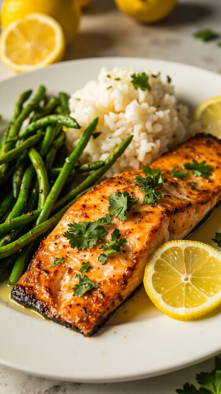 A golden salmon fillet with lightly crisp edges on a white plate, topped with bright lemon wedges and a sprinkle of fresh parsley. Steamed green beans and a scoop of fluffy white rice sit alongside, with a few extra lemon slices nearby. A golden salmon fillet with lightly crisp edges on a white plate, topped with bright lemon wedges and a sprinkle of fresh parsley. Steamed green beans and a scoop of fluffy white rice sit alongside, with a few extra lemon slices nearby.