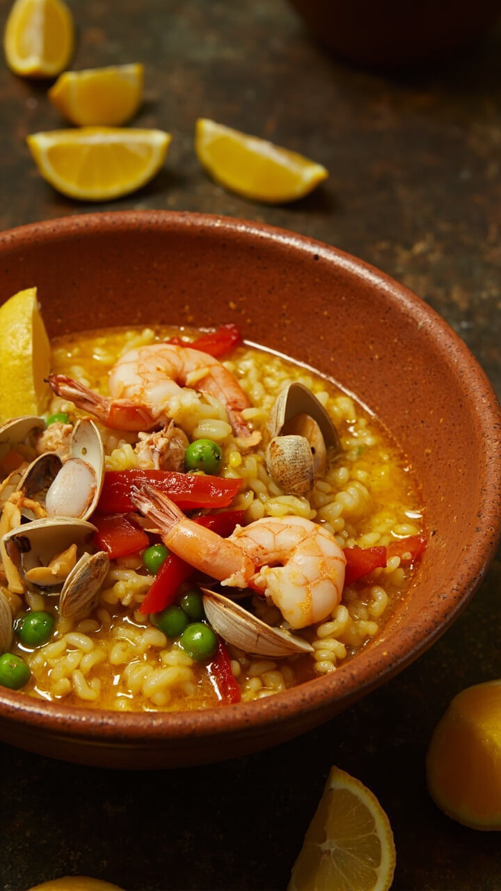 A shallow terra cotta bowl filled with golden saffron broth, short-grain rice, pink shrimp, small clams in open shells, peas, and red pepper slices. Lemon wedges rest on the edge.