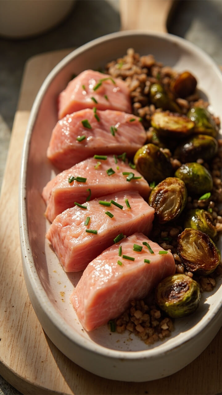 Thick pink arctic char fillets glazed to a shiny finish on an oval platter, scattered with chopped chives. Roasted brussels sprouts and a wild rice pilaf nearby, everything arranged on a pale wood board. Thick pink arctic char fillets glazed to a shiny finish on an oval platter, scattered with chopped chives. Roasted brussels sprouts and a wild rice pilaf nearby, everything arranged on a pale wood board.