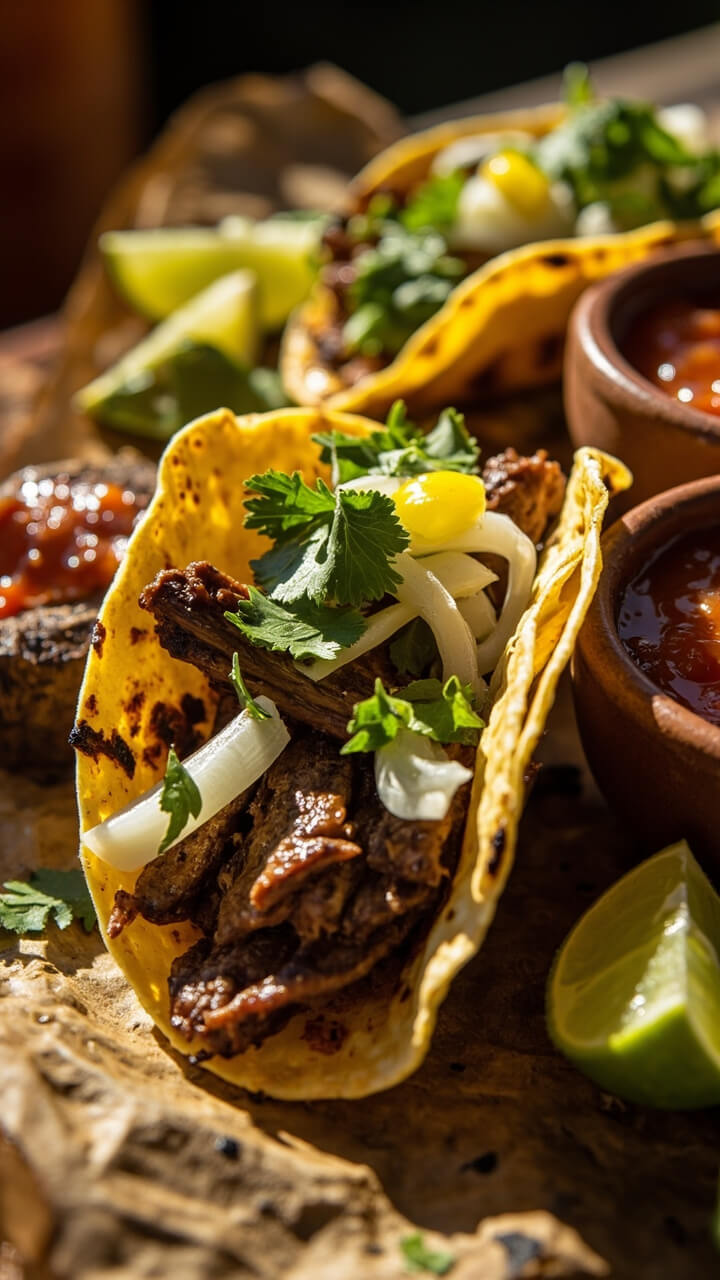 Small corn street tacos filled with thin, browned skirt steak pieces, topped with diced white onion and chopped cilantro. On the side, lime wedges and a small bowl of salsa roja. Small corn street tacos filled with thin, browned skirt steak pieces, topped with diced white onion and chopped cilantro. On the side, lime wedges and a small bowl of salsa roja.